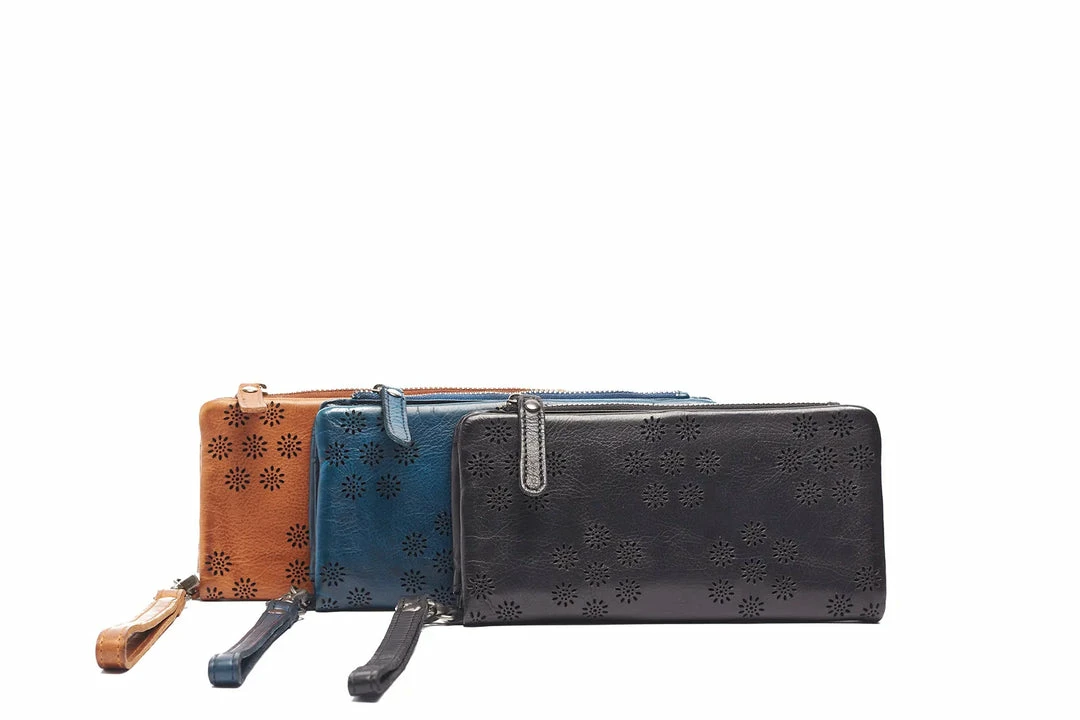 Wholesale 🌟 Rugged Hide Megan RH-1215 Flower Perforation Design Leather Wallet 😉 3 Rugged Hide Megan RH-1215 Flower Perforation Design Leather Wallet