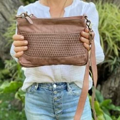 WOMEN Rugged Hide Amina RH-2215 Leather Crossbody Bag With Lattice Weave Design